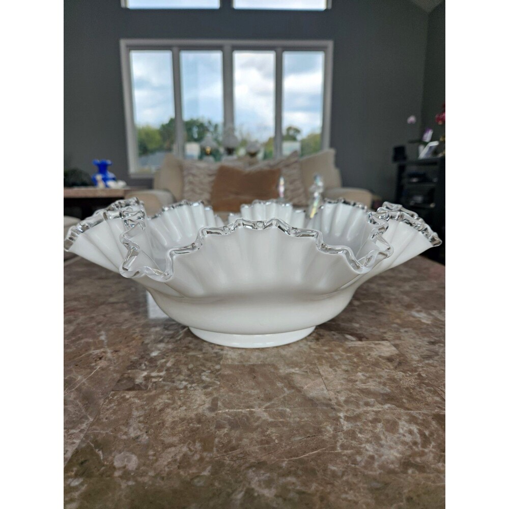Vintage Fenton White Milk Glass Silvercrest Bowl, Ruffled Edges